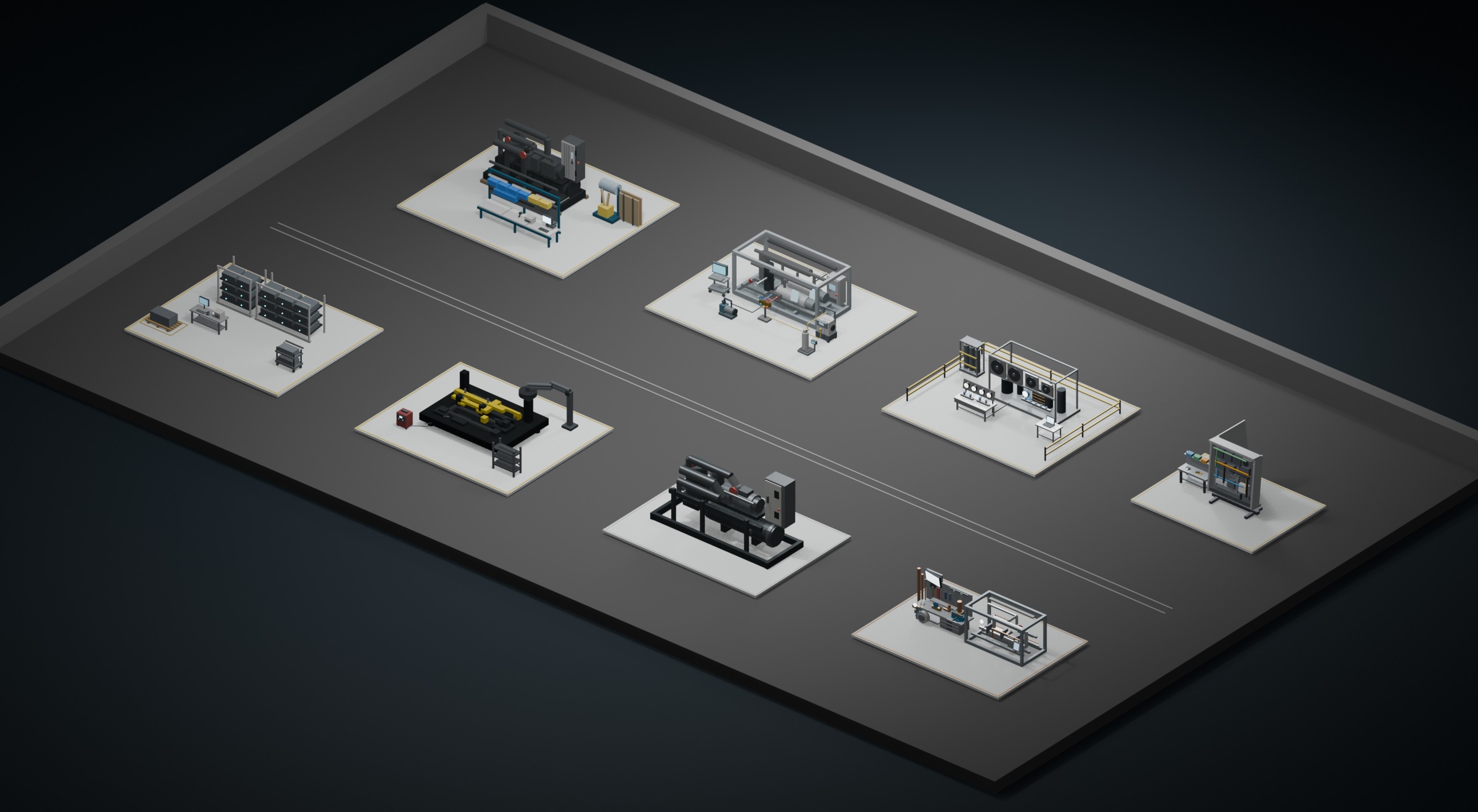 Grey factory floor with eight workstations.