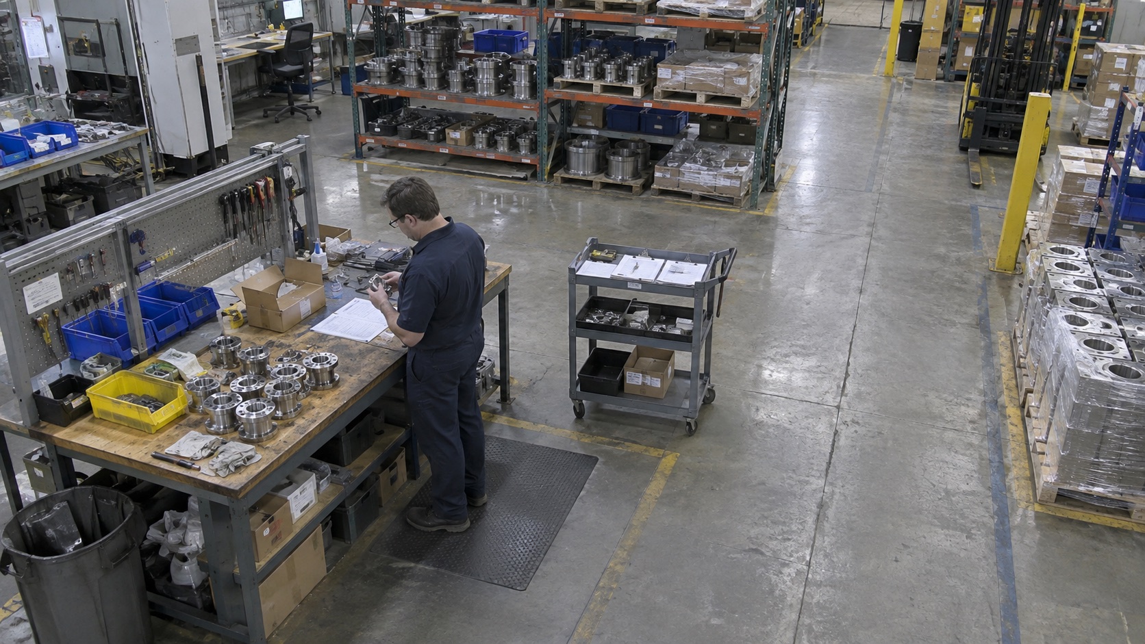 Illustrative camera view of incoming parts being checked at Receiving and Kitting