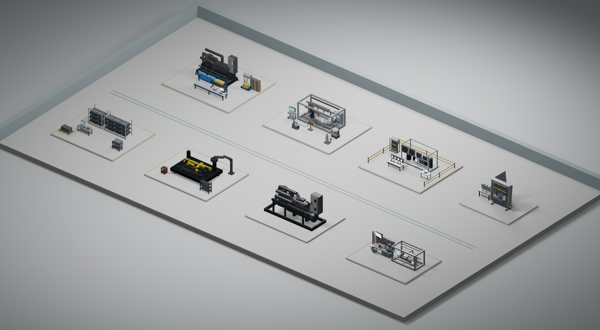 Isometric floor built from eight demo station models